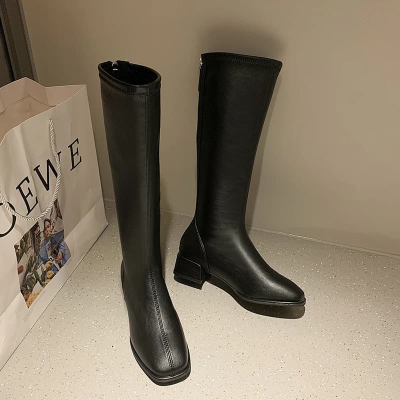 Bottes longues noires talons hauts cuir souple - Bottes genou pêche printemps automne chaud
