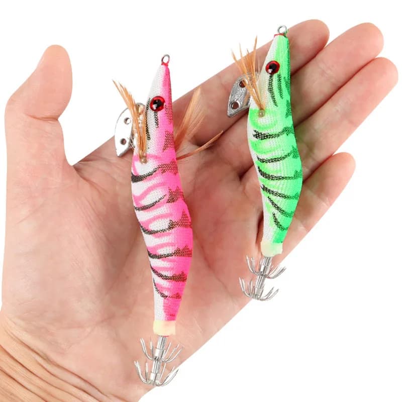 5 leurres pêche crevette bois lumineux yeux 3D wobbleur dur appât calmar octopus