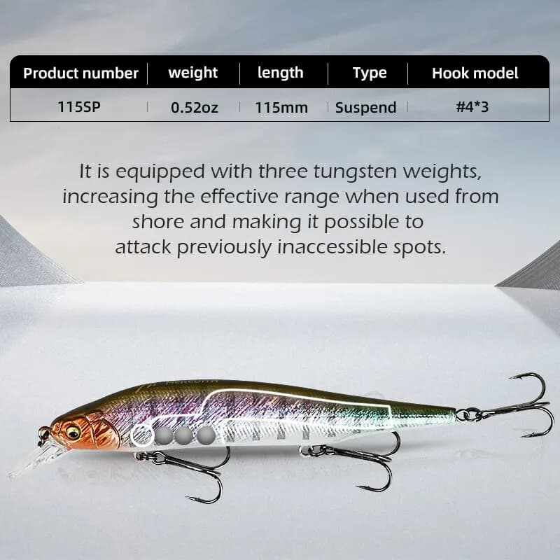 Leurre pêche minnow wobbler MEREDITH ITO SHINER-115SP avec système plombé tungstène pour pêche précise