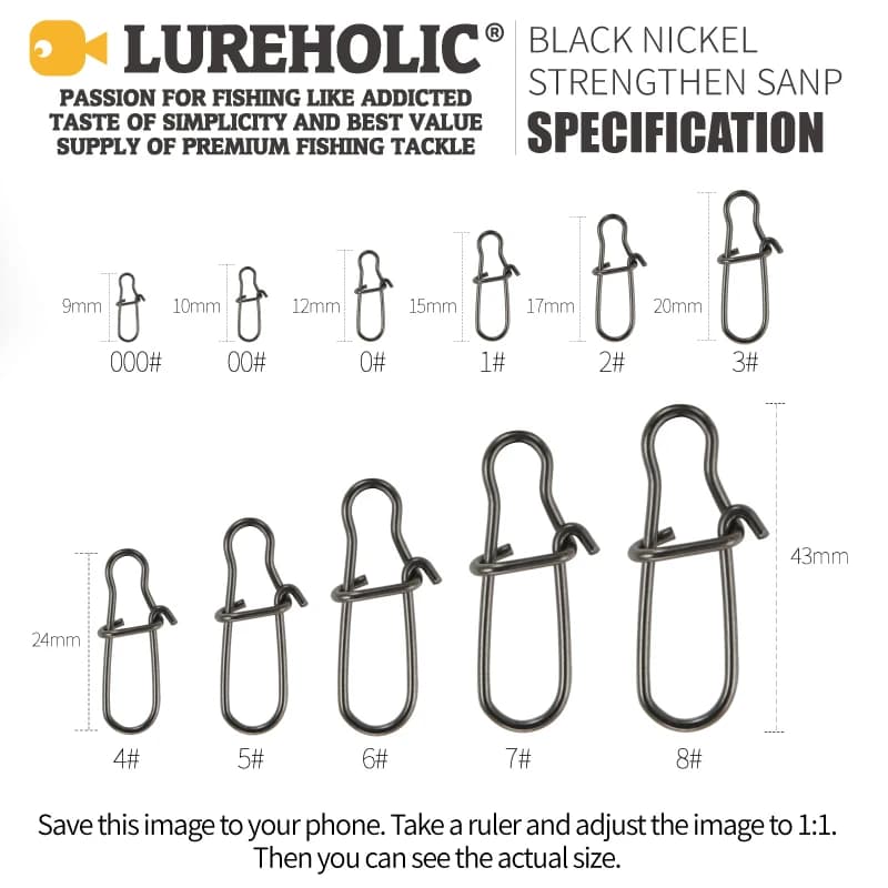 Snap rapide renforcé LUREHOLIC noir nickel SUS304 pour leurres durs et souples pêche 20-100 pièces tailles variées