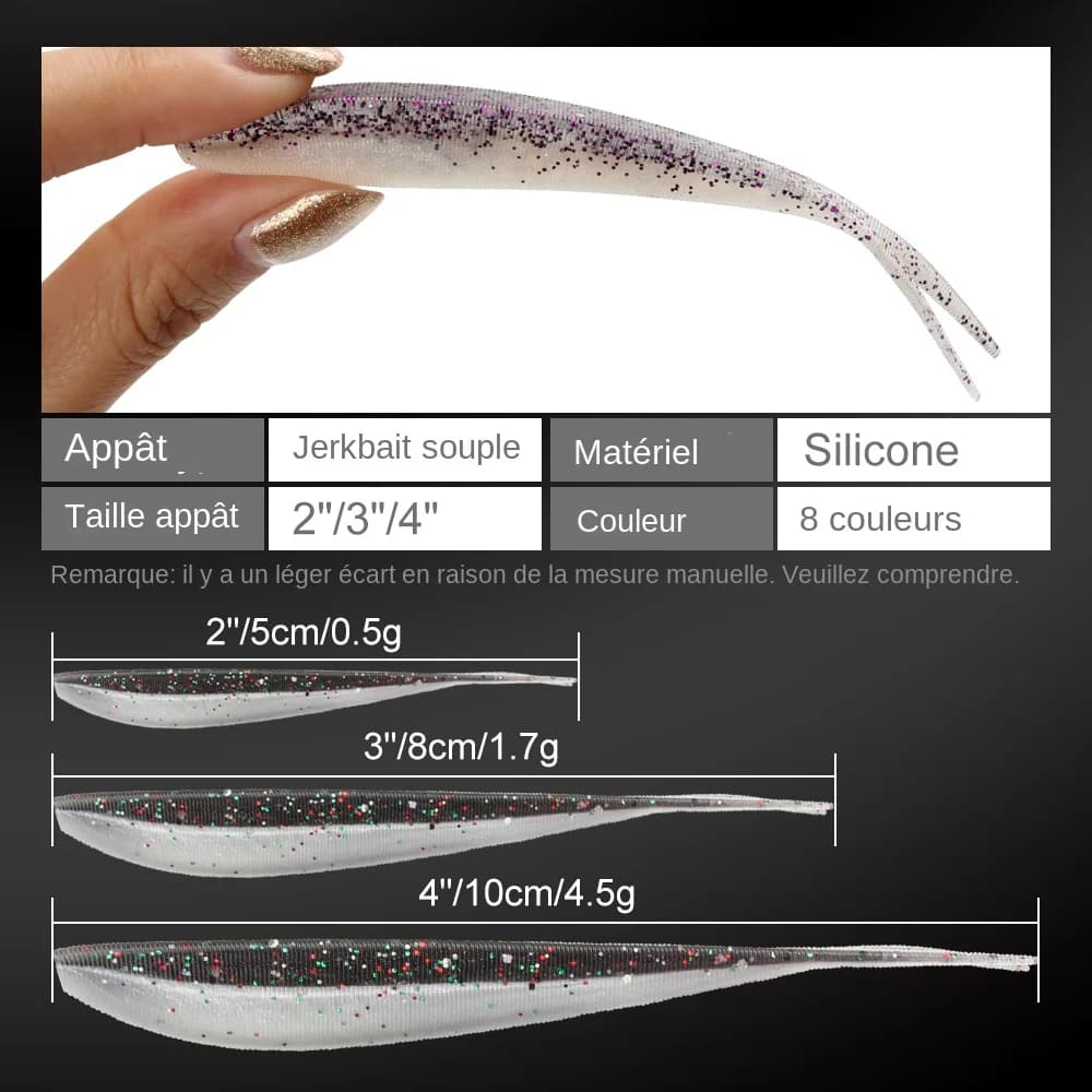 Leurre souple jerkbait shad split tail 3" 4" pour pêche du brochet perche truite et sandre
