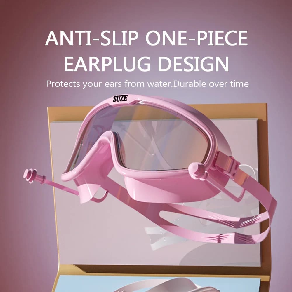 Lunettes de natation grand cadre fashion avec étui - Verres PC HD anti-buée, silicone doux, bouchons anti-glisse