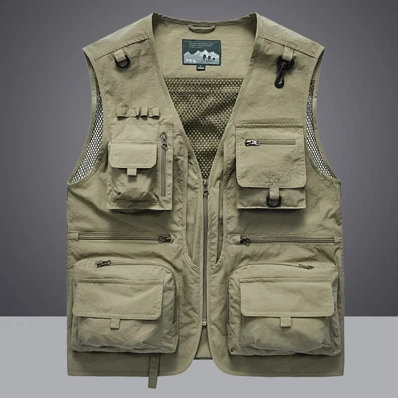 Veste technique pêche sans manches homme 6XL, 14 poches mesh aération pour randonnée et photographie