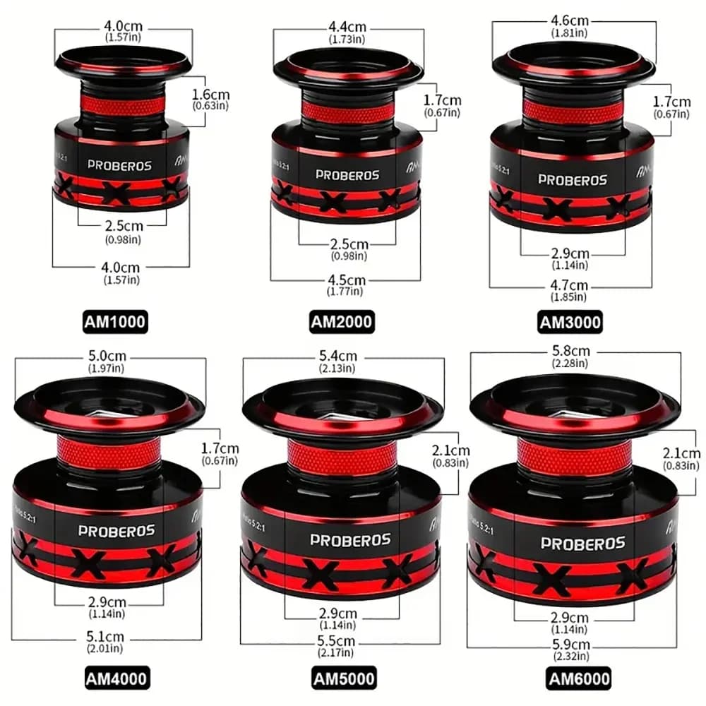Moulinet de pêche spinning PROBEROS 5.2:1 ratio 1000 à 6000 frein max 9kg bobine métal accessoires