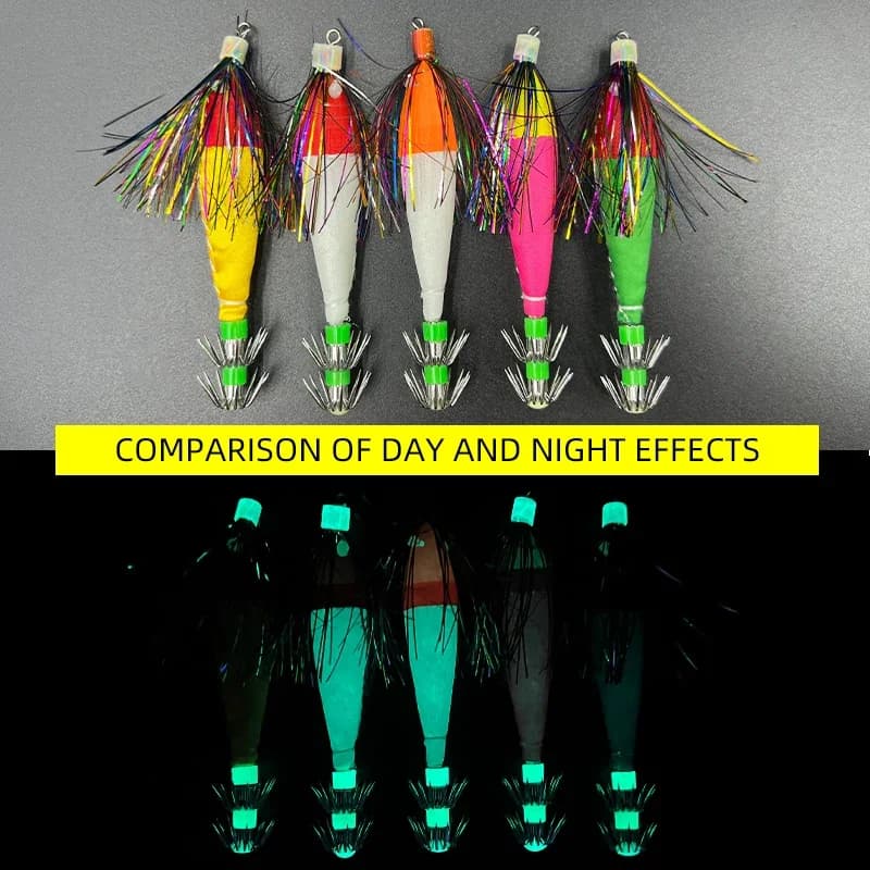 5 hameçons luminescents pour calmar avec manchon en tissu double couche et leurres bioniques pour la pêche