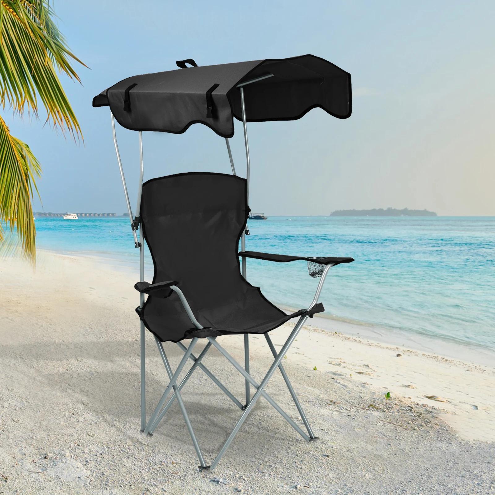 Chaise de pêche pliante avec pare-soleil et porte-gobelet - Siège confortable avec rangement
