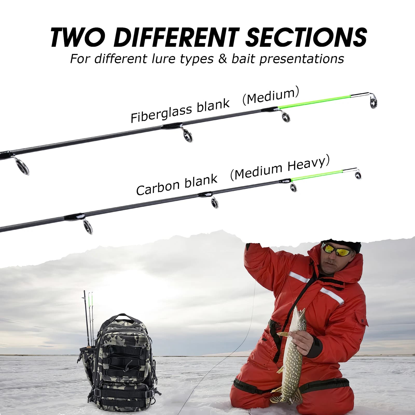 Canne à pêche sur glace portable Goture 32'' puissance M/MH 2 scions fibre de carbone hiver