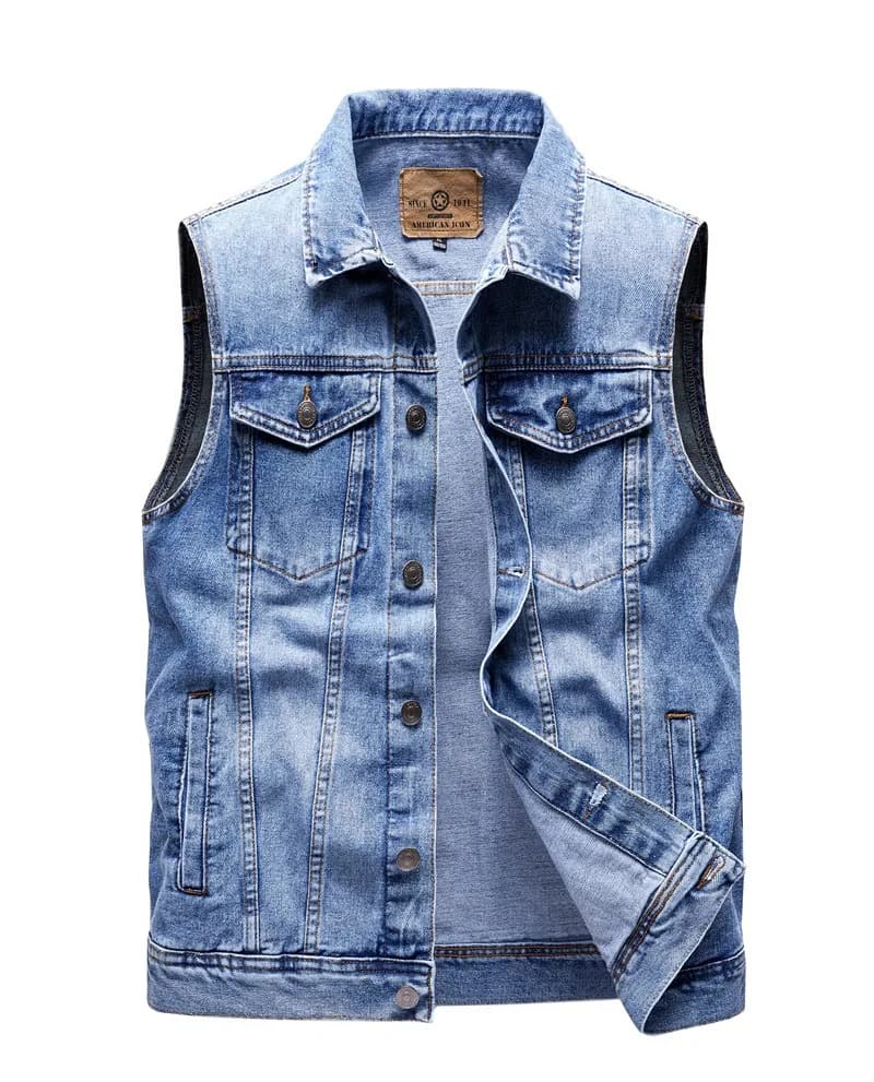 Veste cargo denim sans manches homme - Multi-poches pêche - Veste jeans lavé fashion