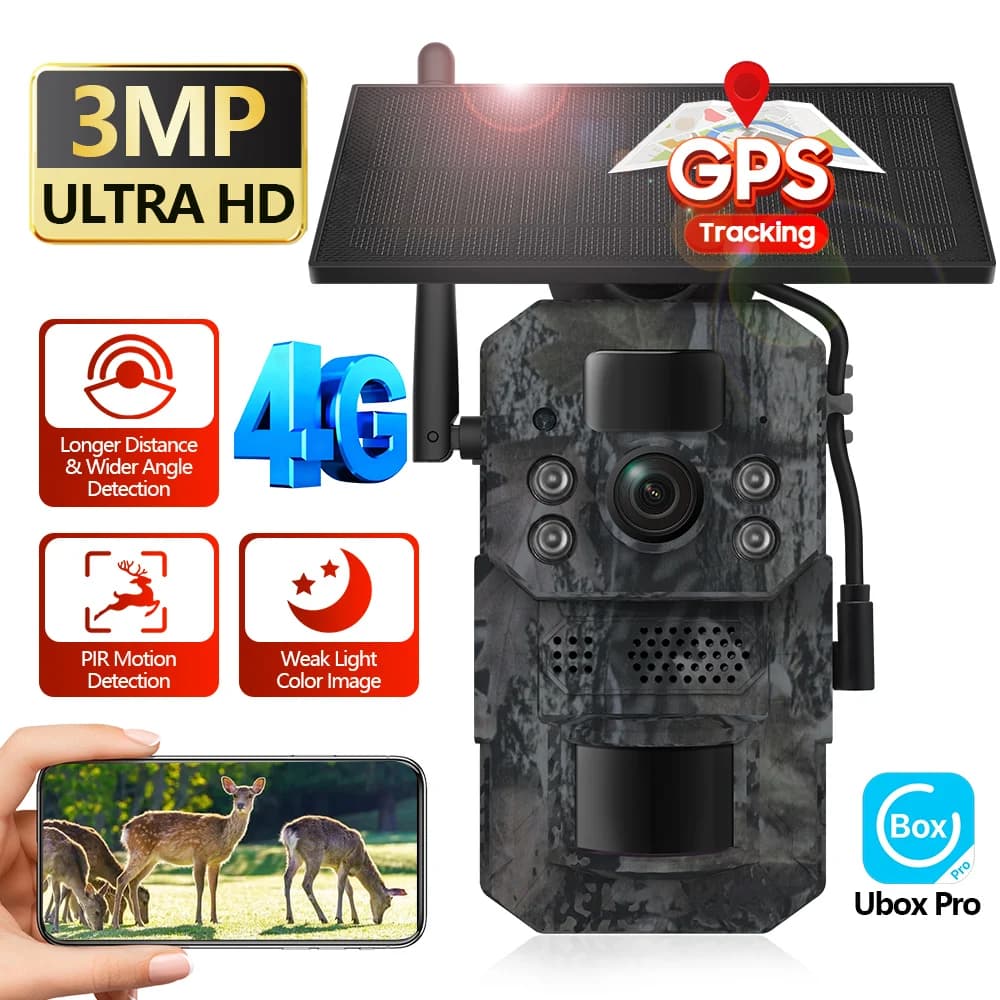 Caméra trail 4G cellulaire solaire 3MP HD étanche IP66 avec détection de mouvement et application Ubox