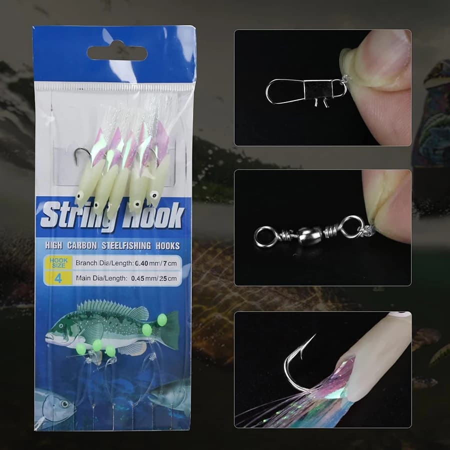 Lot de 10 montages sabiki mer avec peau de poisson réelle et effet luminescent pour pêche du maquereau