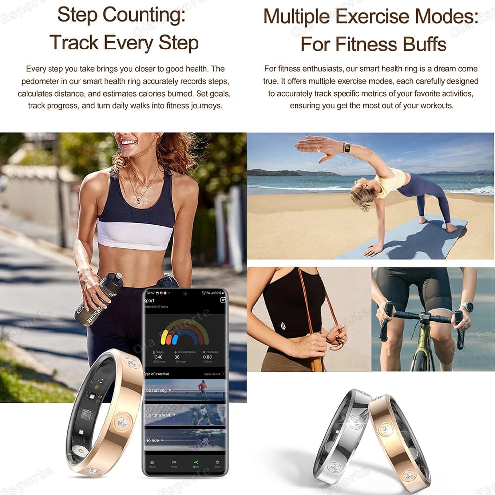 Bague connectée étroite 6.3mm mesure fréquence cardiaque stress IP68 étanche sport mode homme femme