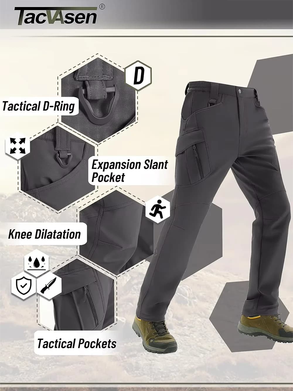 Pantalon hiver TACVASEN IX9 softshell chaud pêche randonnée cargo imperméable polaire homme