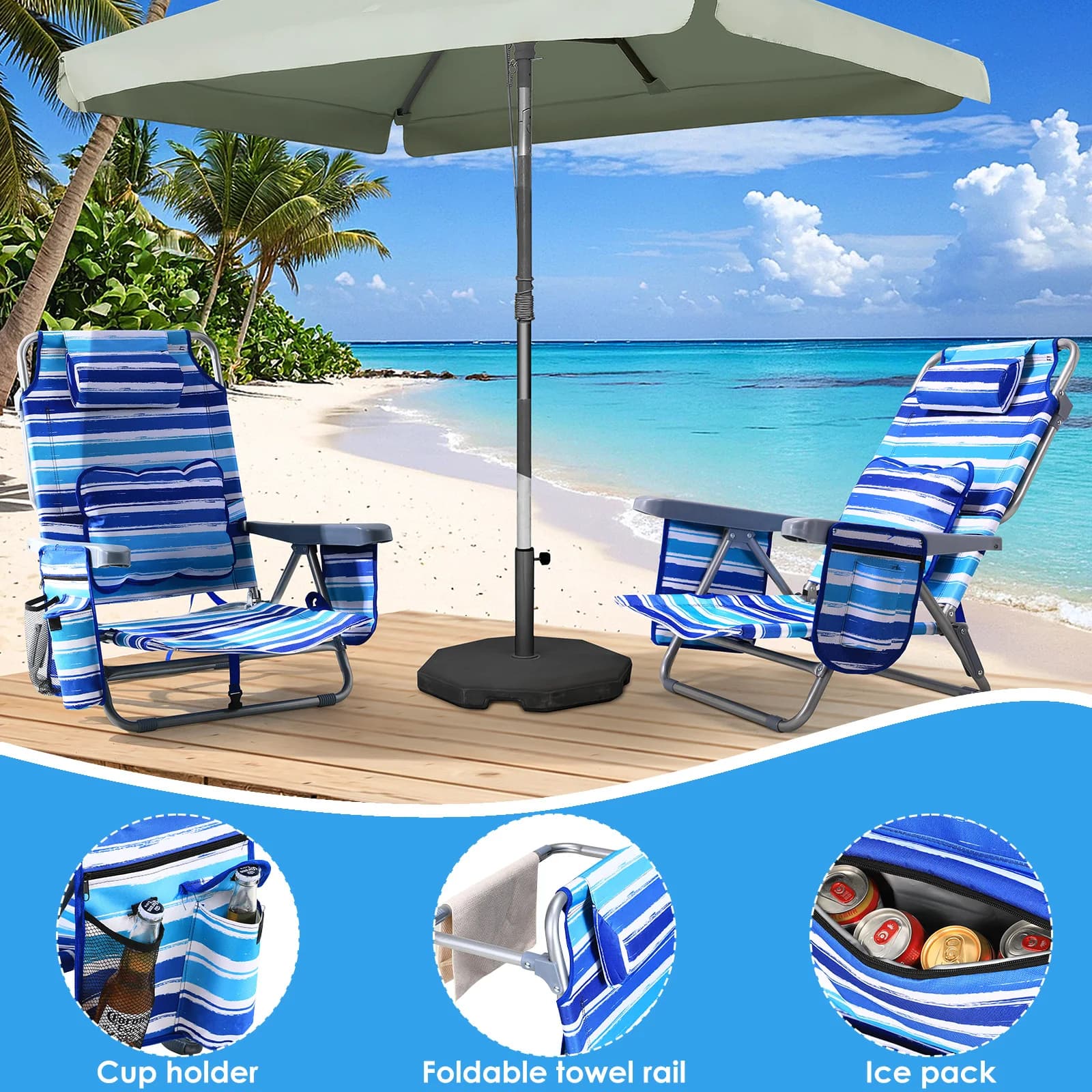 Fauteuil plage pliant 5 positions aluminium léger pêche sable bas porte-gobelet