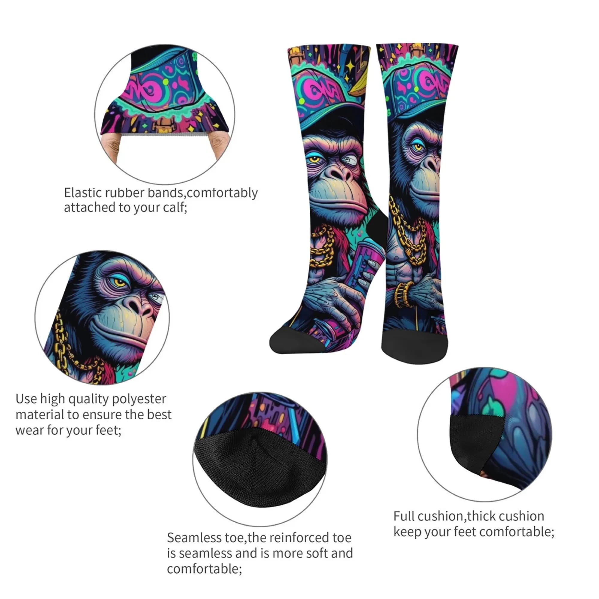 Chaussettes drôles hip-hop avec singe heureux - Style Harajuku pour hommes, cadeau original