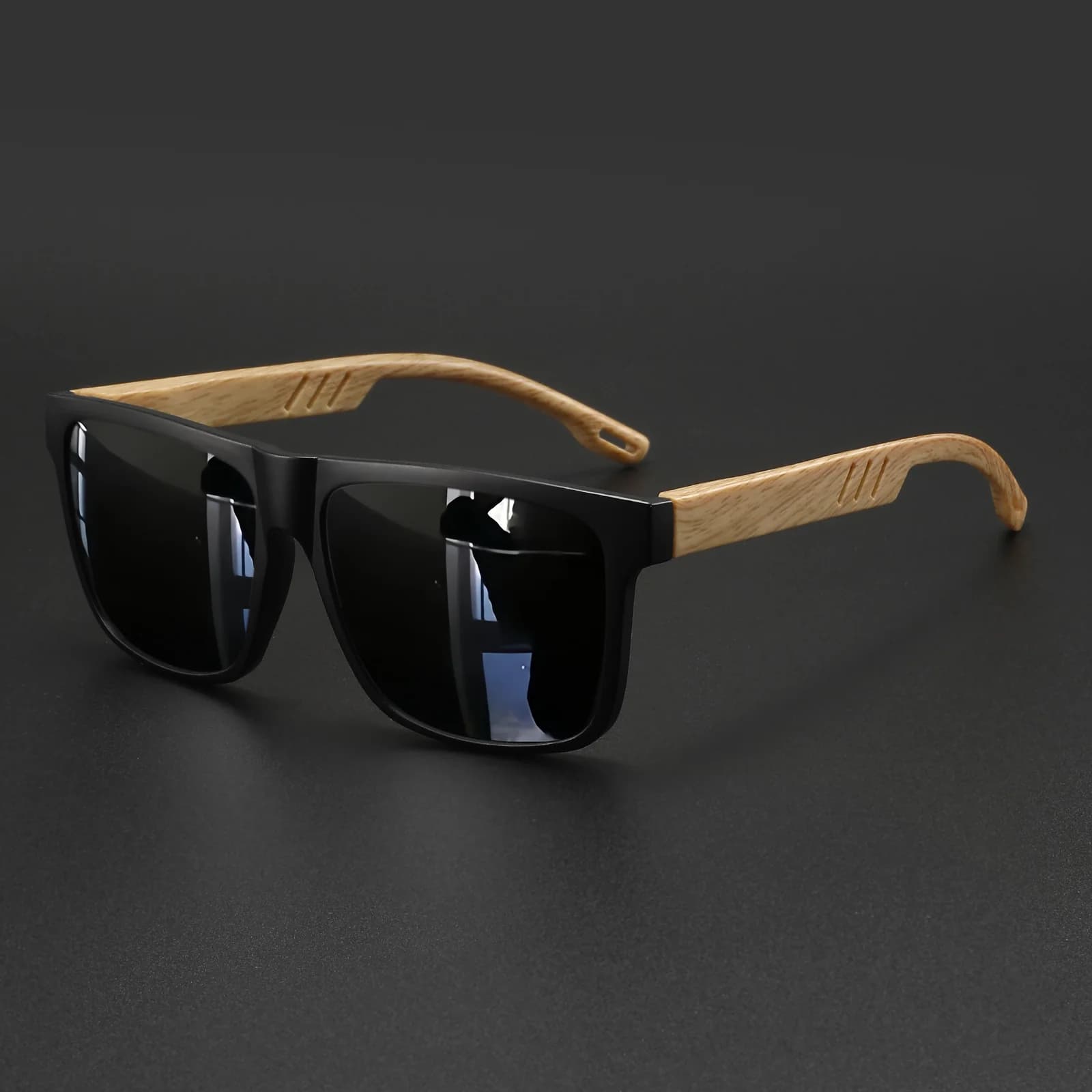 Lunettes de soleil unisex carrées bois - Charnière ressort UV400 pour conduite et randonnée