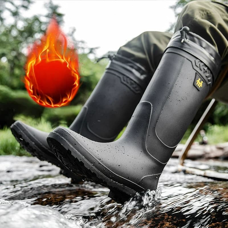 Bottes pluie travail homme hautes imperméables - Chaussures pêche antidérapantes caoutchouc chaudes montantes