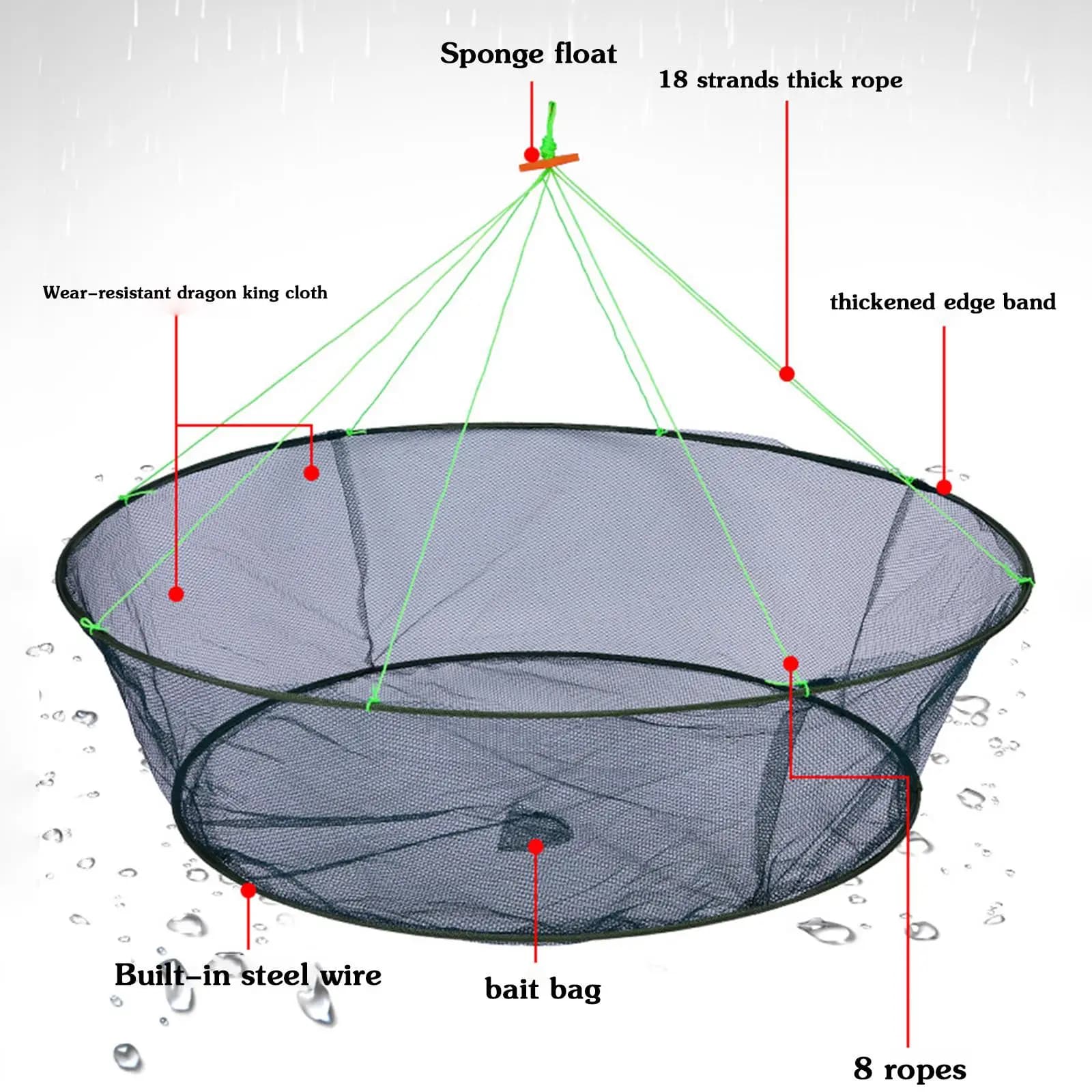Filet de pêche pliable 80/100cm à large ouverture pour crevettes, anguilles, crabes et appâts - Piège de pêche polyvalent