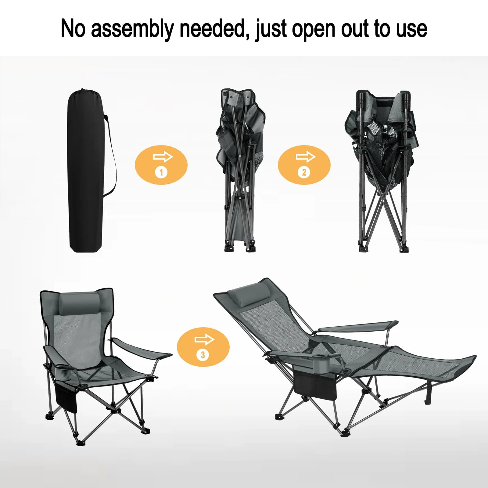 Chaise camping pliante avec repose-pieds et porte-gobelet - Siège plage pêche réglable avec sac transport