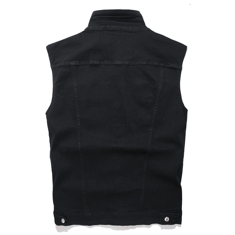 Gilet denim noir classique sans manches cargo coton polyvalent pour pêche décontractée homme