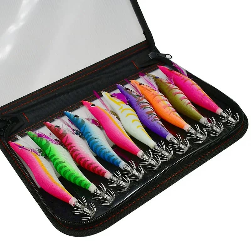 10 leurres souples pêche en mer appâts calmar crevette avec yeux 3D luminescents hameçon plombé 3.5# 19.5g