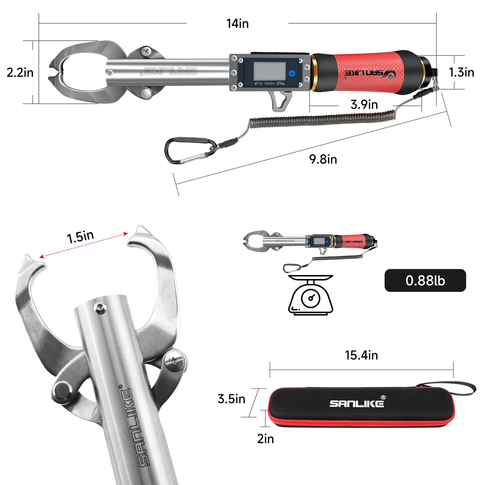 Pince lèvres poisson SANKILE avec balance digitale pesée inox rouge grip pêche accessoire