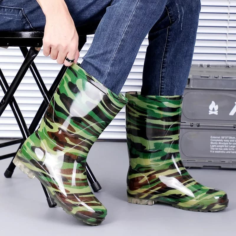 Bottes camouflage mi-mollet imperméables doublées polaire - Chaussures caoutchouc unisexes antidérapantes