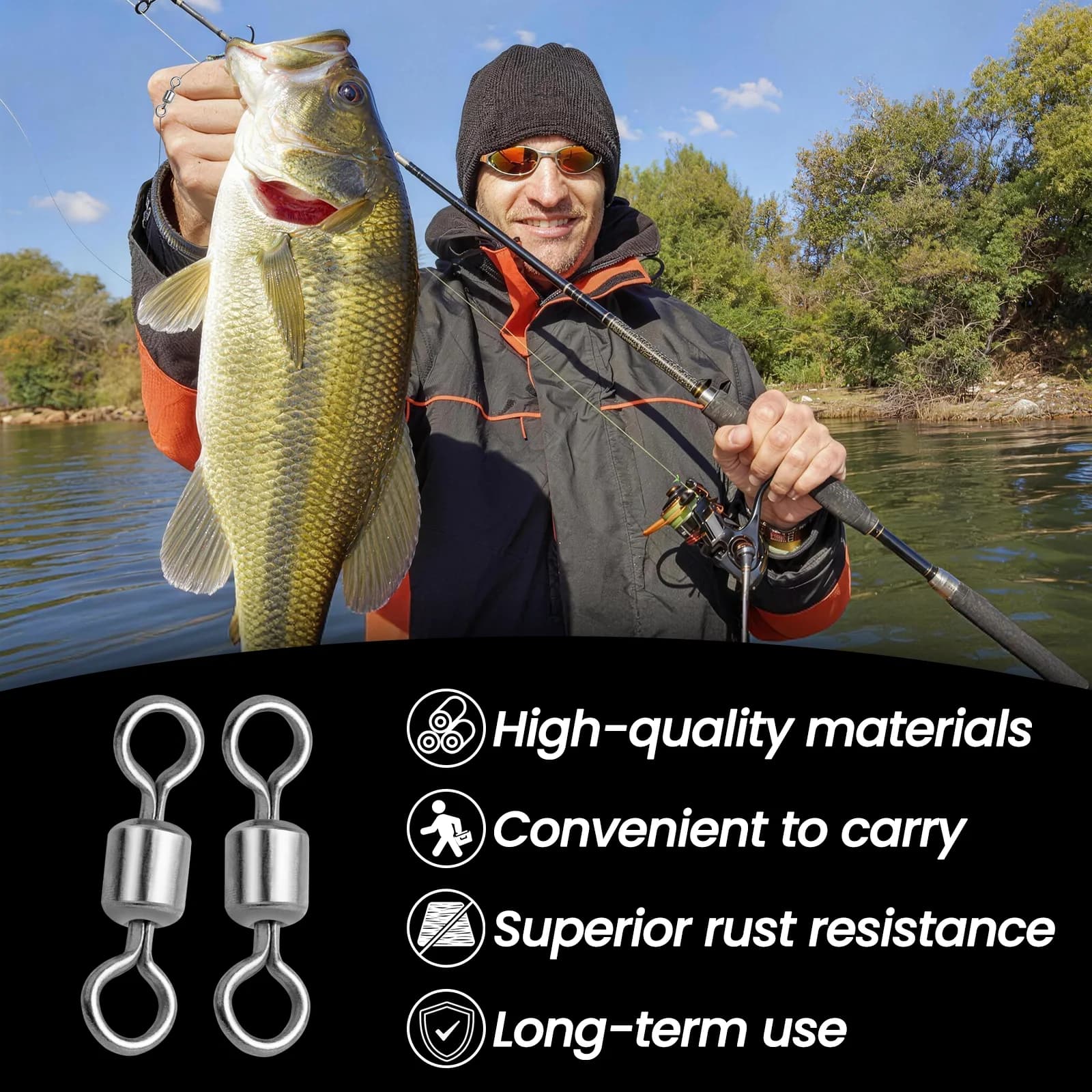 Lot de 25 à 100 émerillons pêche acier inoxydable, connecteur ligne et anneaux solides pour montages