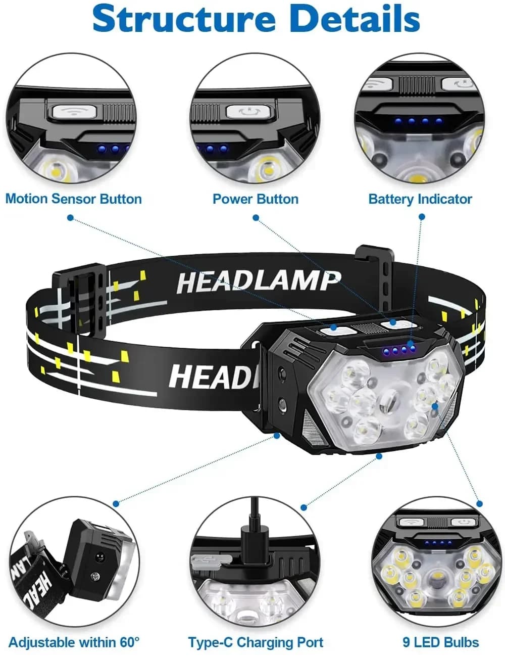 Frontale pêche 9 LED portable capteur mouvement rechargeable USB 1200mAh pour camping et extérieur