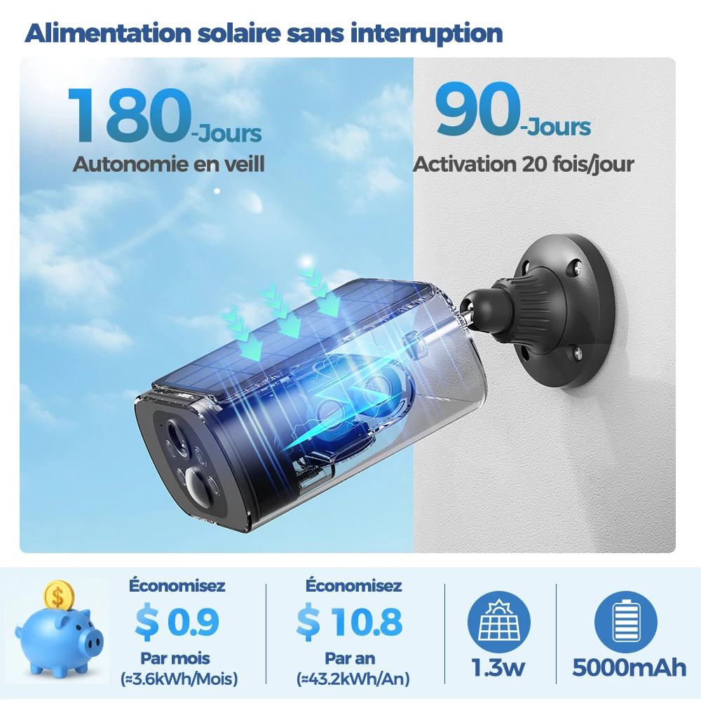 Caméra de sécurité solaire WiFi extérieur Alevio 2.5K, vision nocturne couleur, détection PIR et AI pour surveillance étang
