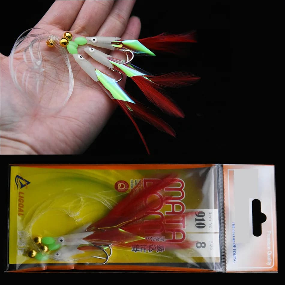 Hameçons plume Mrlurion 3 bras pour pêche en mer bar et maquereau avec montage sabiki