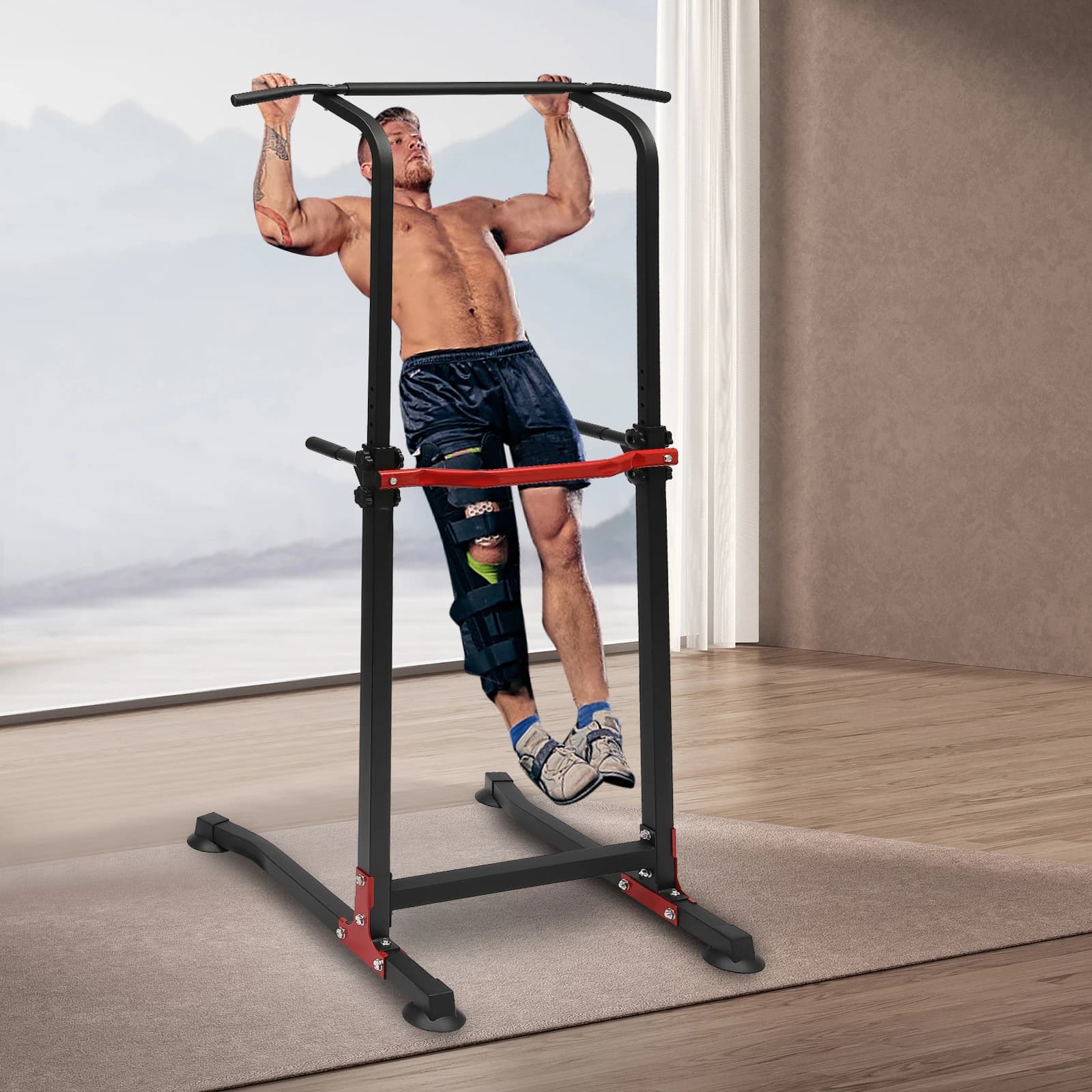 Power Tower Dip Station - Barre de traction multifonction ajustable pour pectoraux, dos et abdos