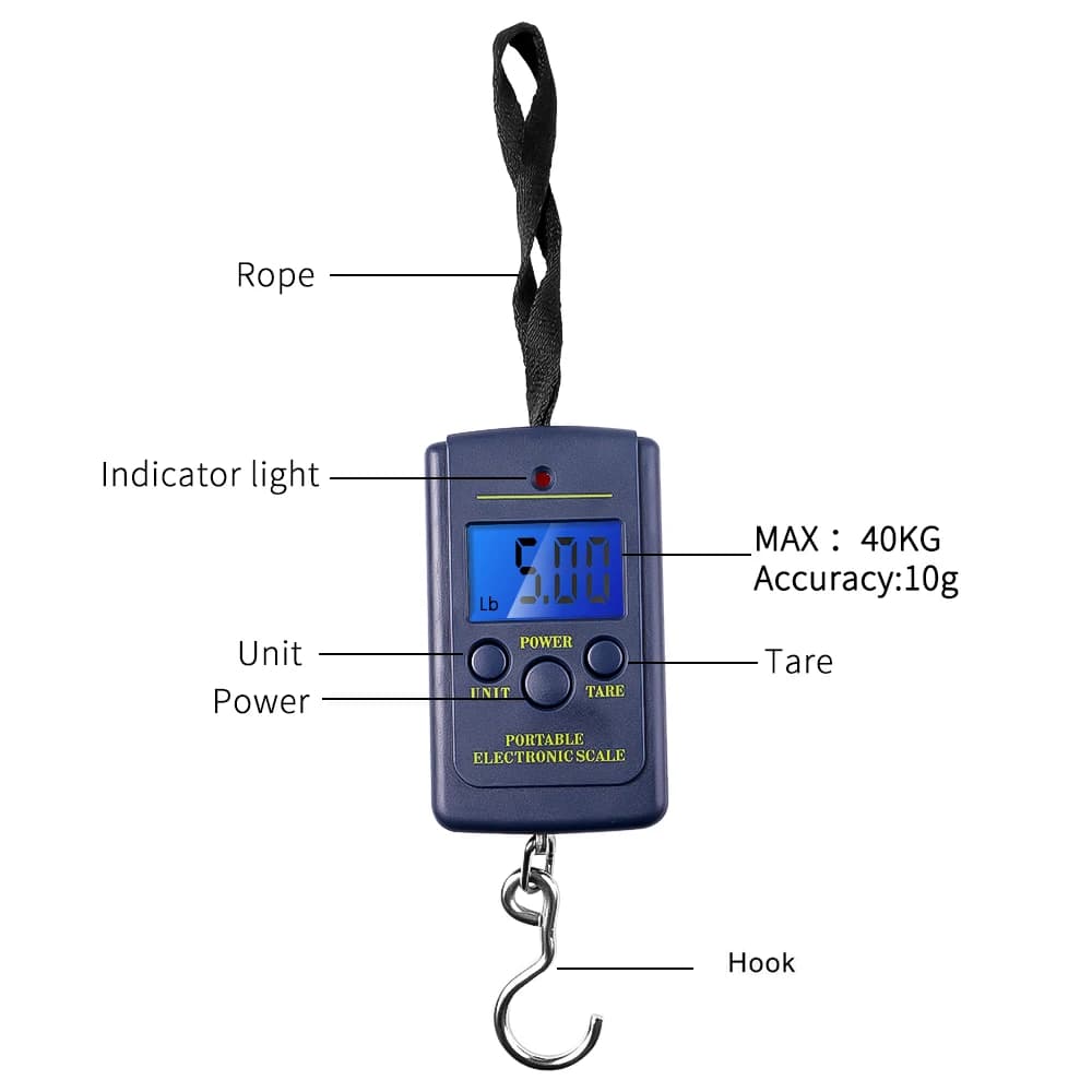 Mini balance numérique 40kg/10g pour pêche - Pèse-électronique portable avec crochet et rétroéclairage