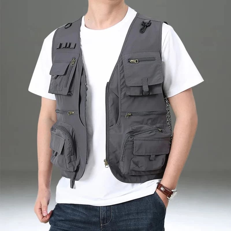 Veste de pêche cargo 2025 rouge multi-poches nylon pour journaliste photo et camping