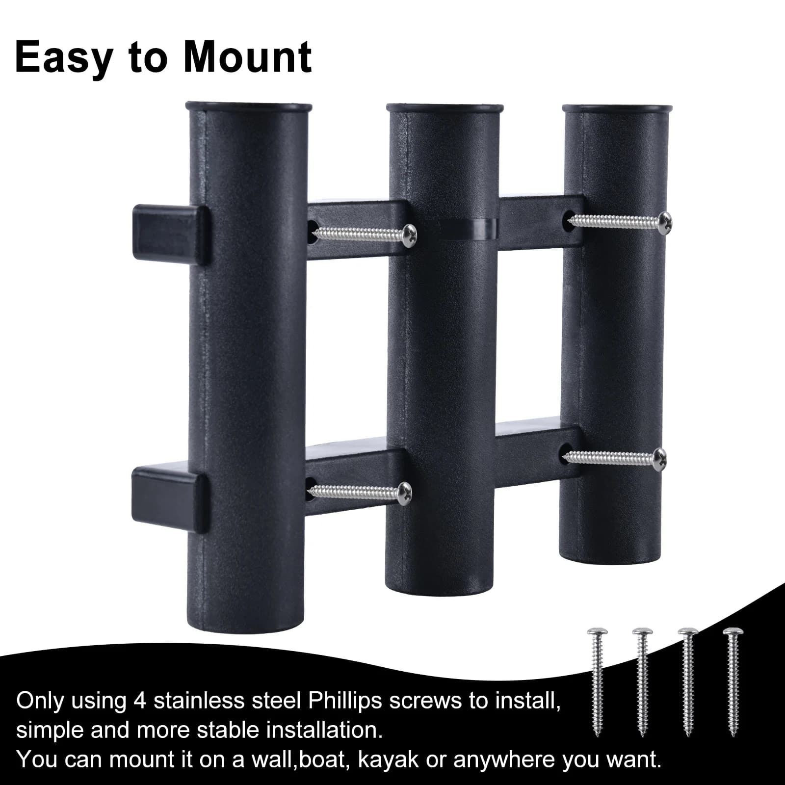 Support 3 cannes de pêche pour bateau - Porte-cannes marine noir Goture avec fixation tube plastique