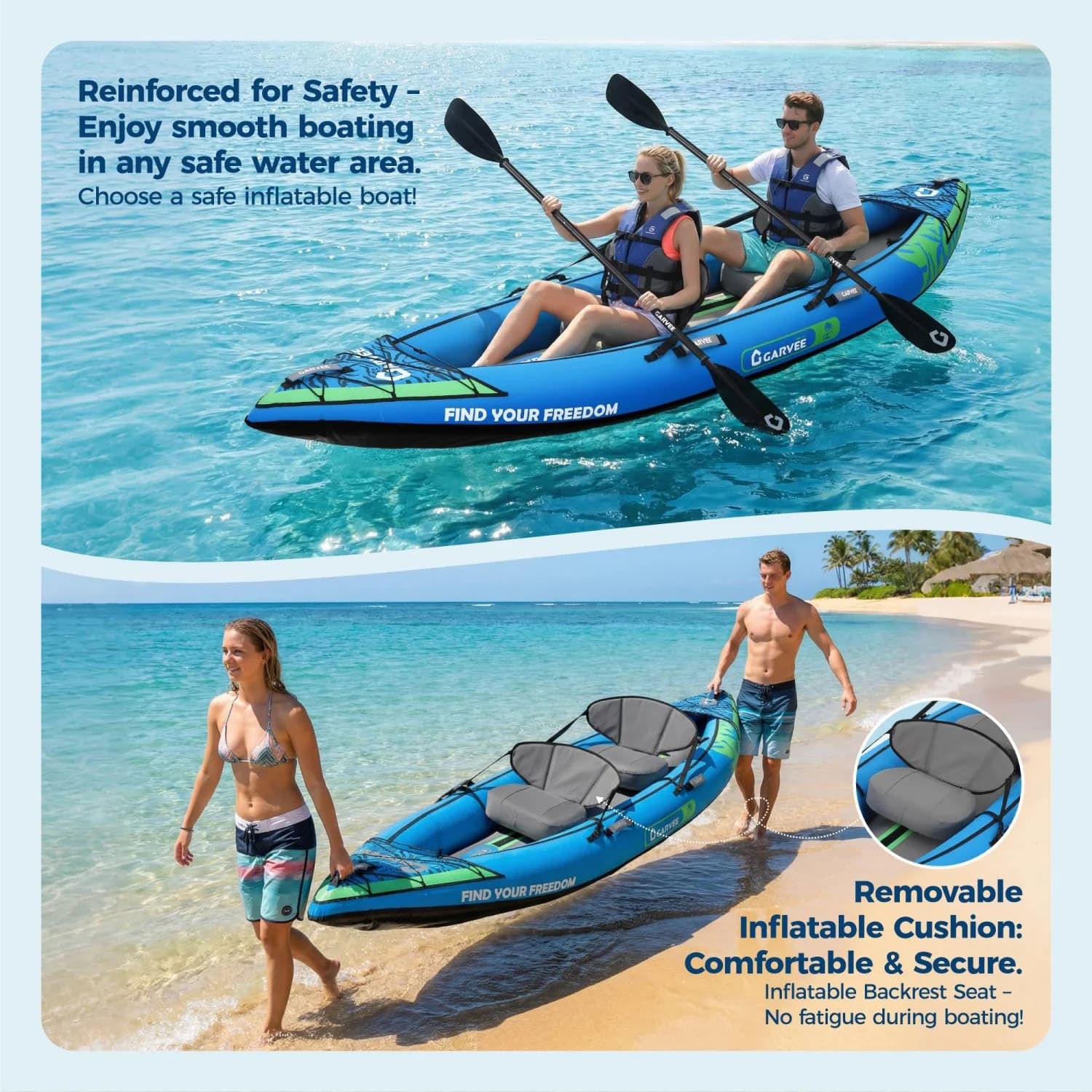 Kayak gonflable 2 places portable pêche et touring avec siège rembourré et kit réparation