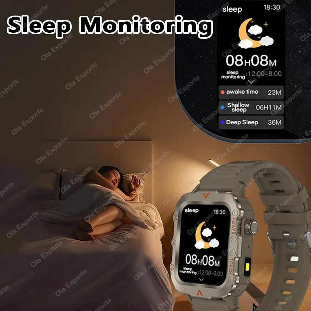 Montre connectée homme : appels Bluetooth, suivi sommeil et fréquence cardiaque, lampe LED étanche Android/iOS