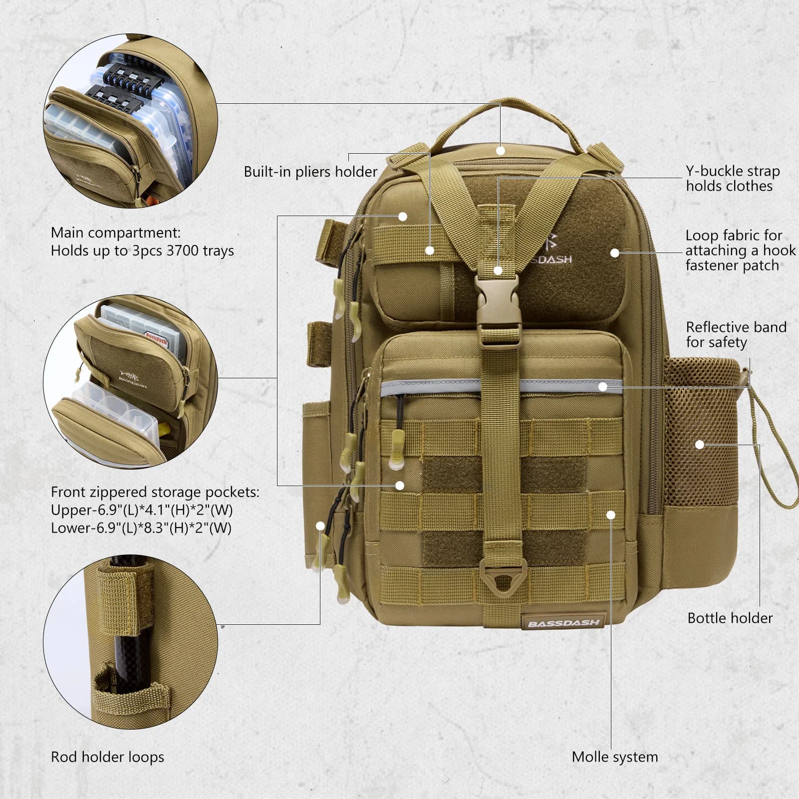 Sac à dos convertible BASSDASH FP07 avec porte-canne étanche tactique pour matériel de pêche réglable
