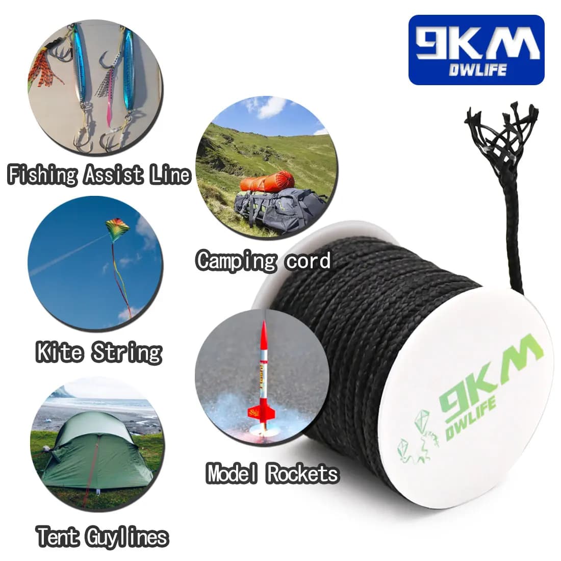 Ligne de pêche Kevlar noir 50Lbs-2000Lbs pour kite, camping et usage tactique - Corde multifonction