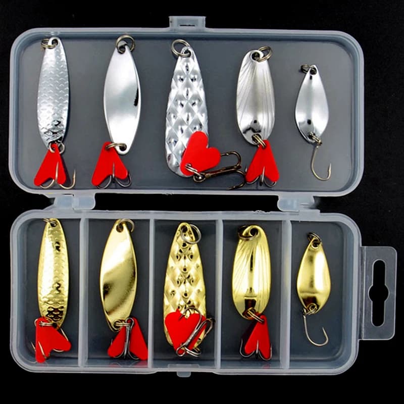 Kit de pêche avec boîte de rangement : 10 leurres métalliques cuillères spinner dorés et argentés pour carnassiers