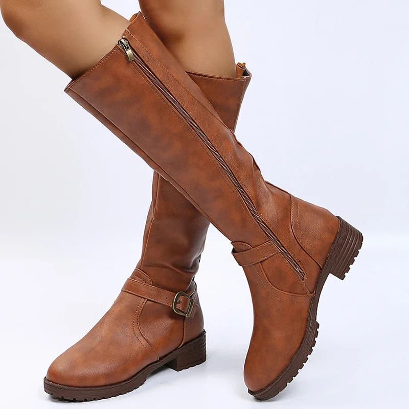 Bottes vintage marron genou cuir PU - Grandes tailles talons bas pêche automne hiver