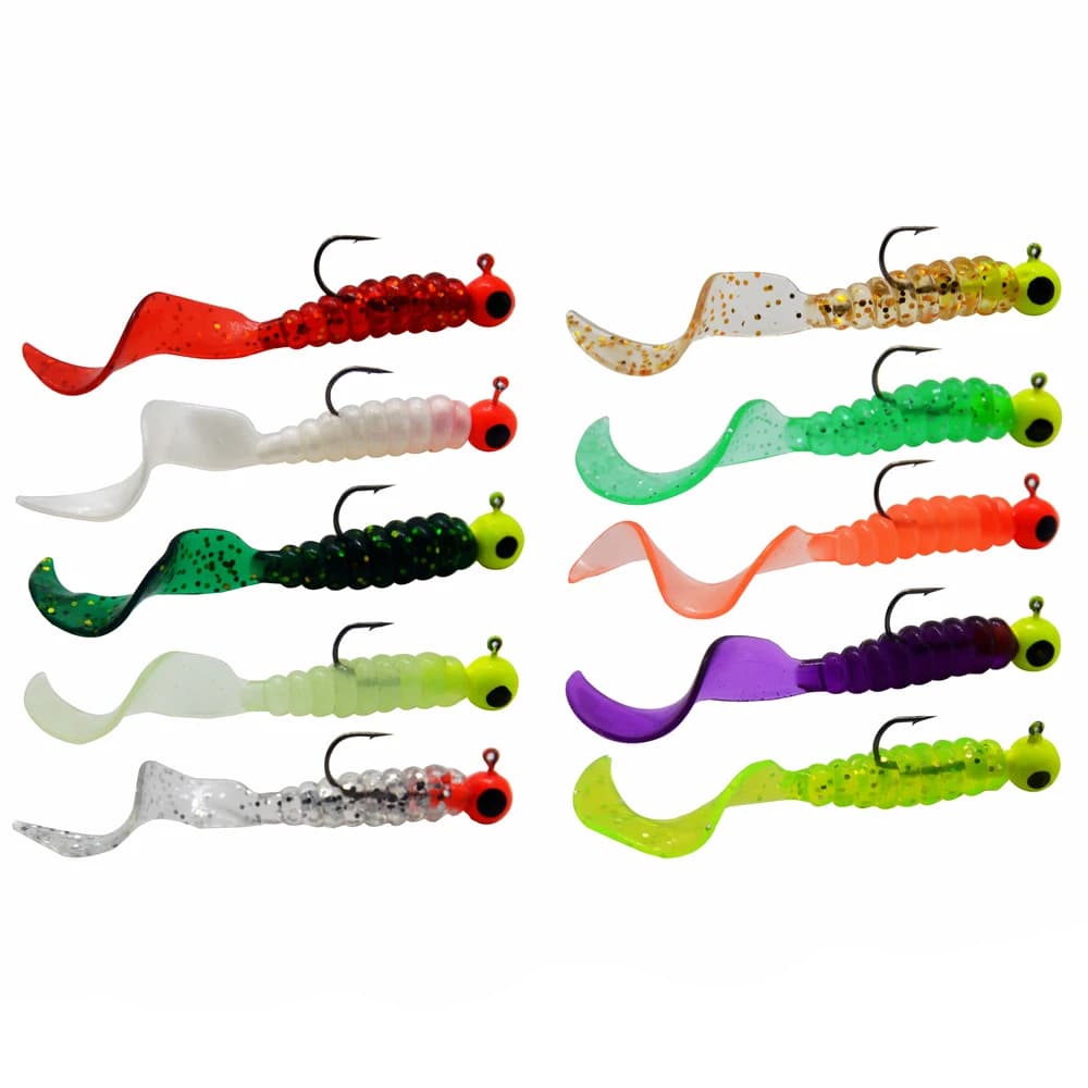 Kit pêche leurres souples: 17 têtes plombées + 17 leurres silicone vers pour truite, perche, sandre
