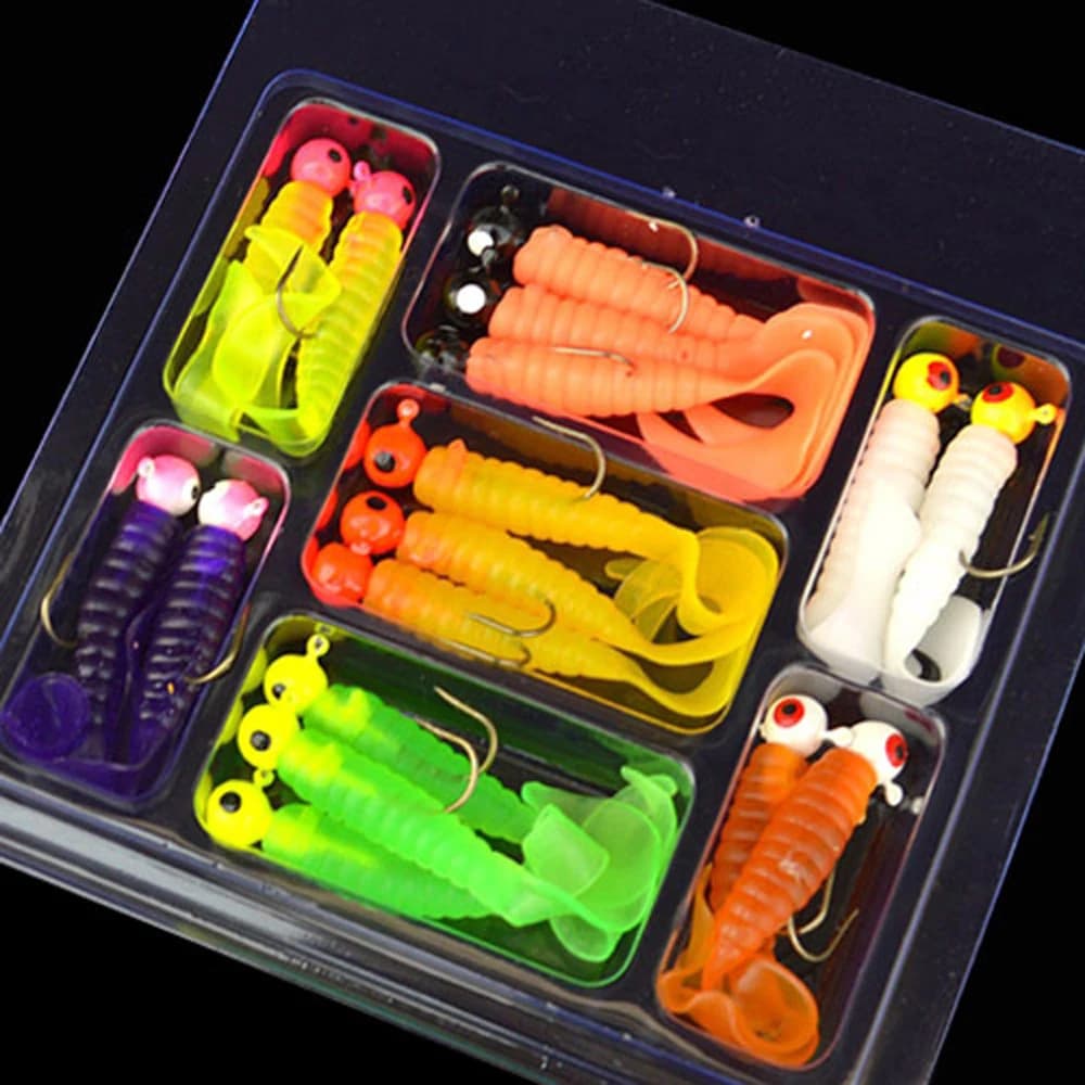 Kit pêche leurres souples: 17 têtes plombées + 17 leurres silicone vers pour truite, perche, sandre