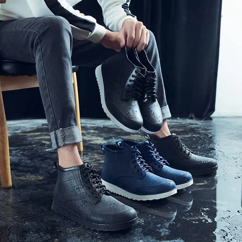 Bottes de pluie lacées homme extérieur anti-dérapantes étanches couple cheville plateforme
