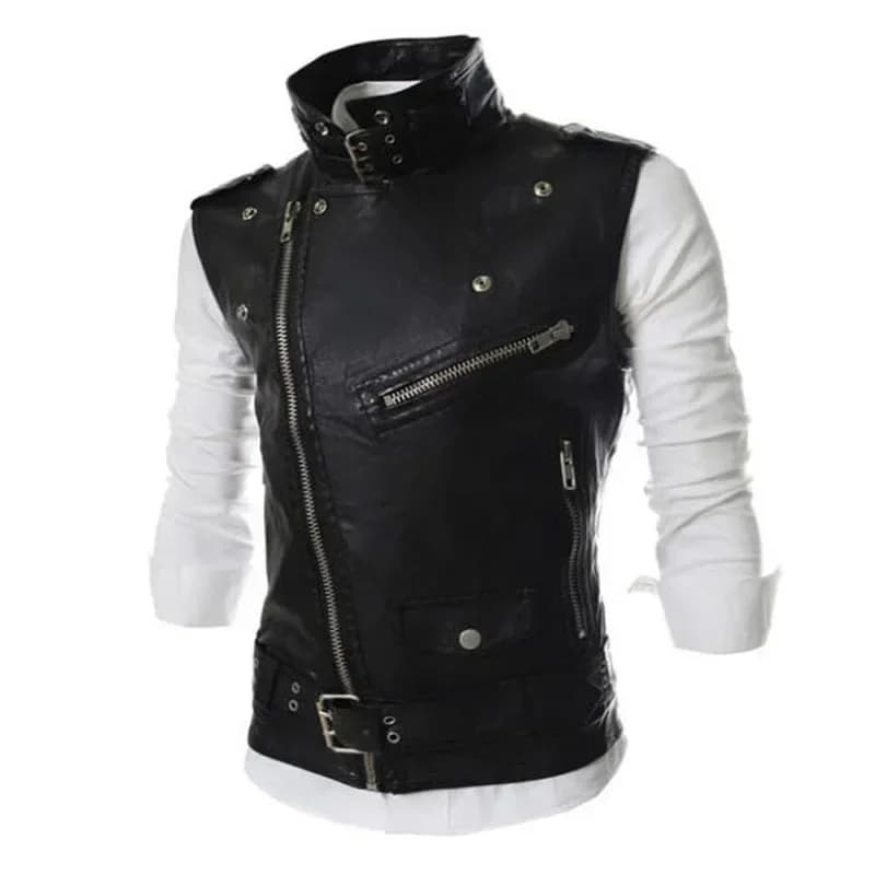 Gilet en cuir homme slim fit à col zippé, veste courte unie style coréen pour pêche