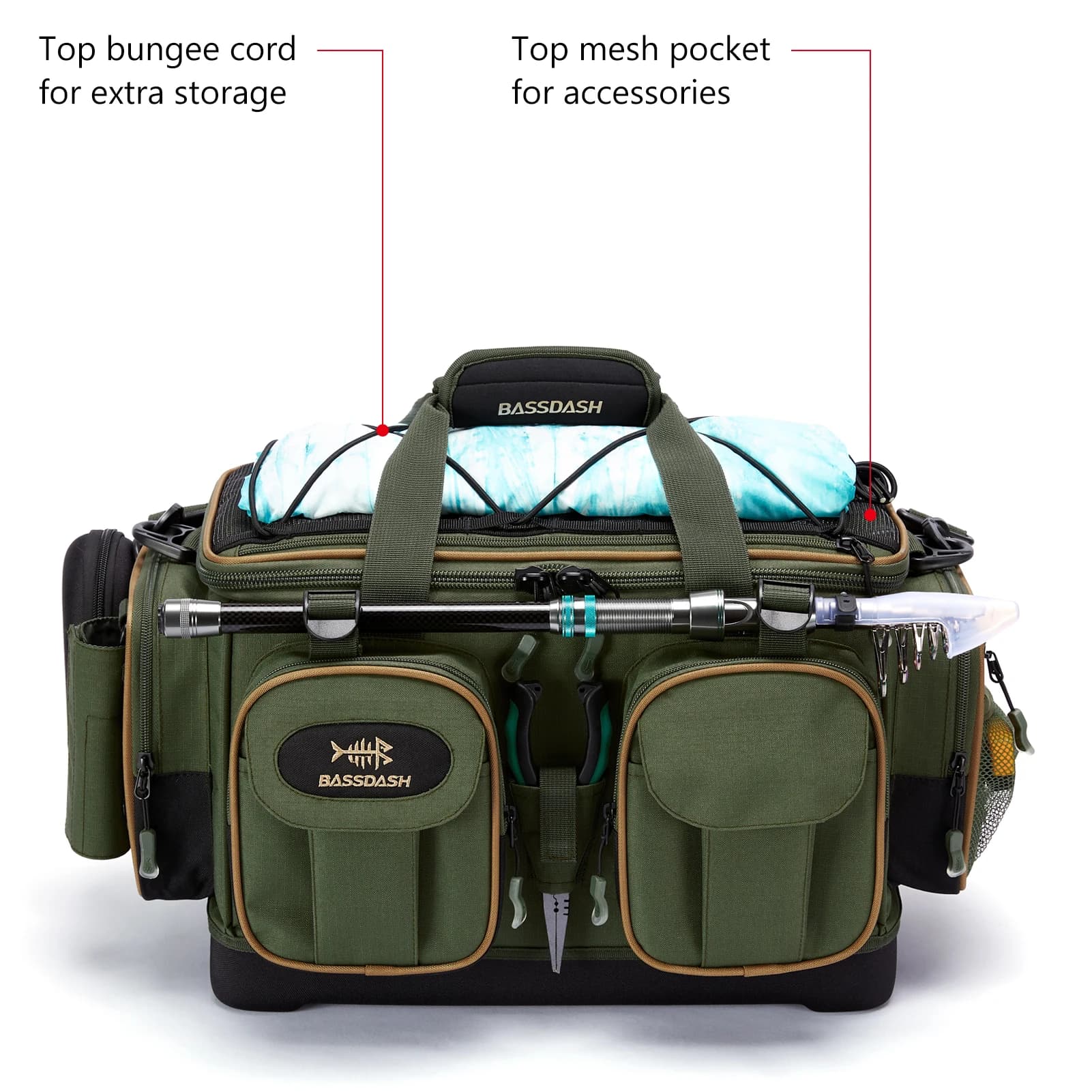 Sac à bandoulière BASSDASH résistant à l'eau léger - Pack rangement matériel pêche avec fond moulé dur et couvre-pluie