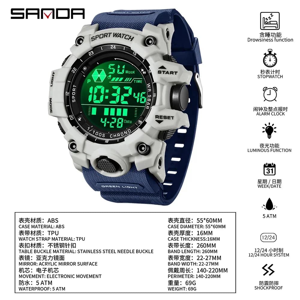 Montre homme sport extérieur étanche multifonction grand cadran numérique analogique LED