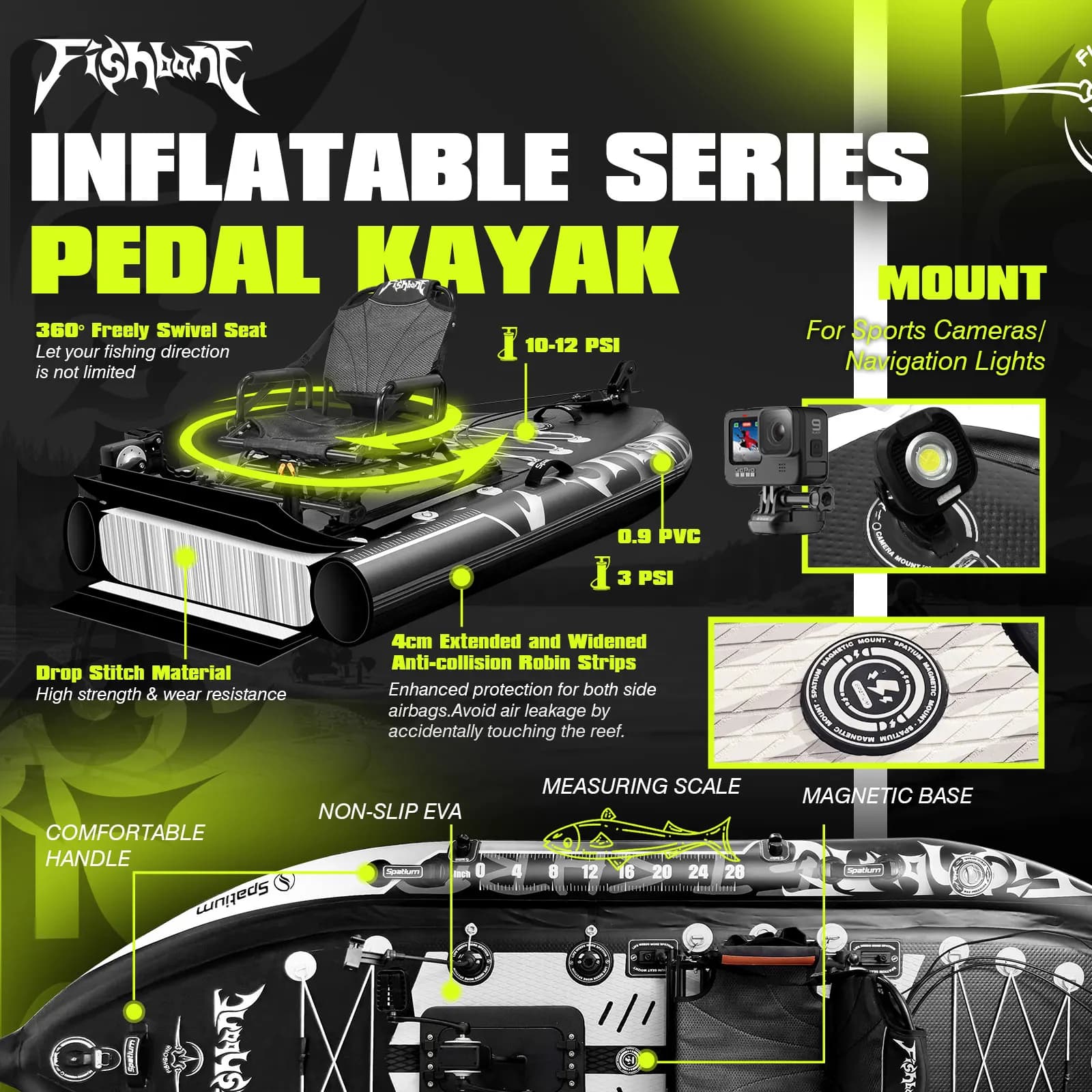 Système de pédalier pour kayak de pêche Spatium 11 pieds capacité 300kg orientation pieds pour bateau