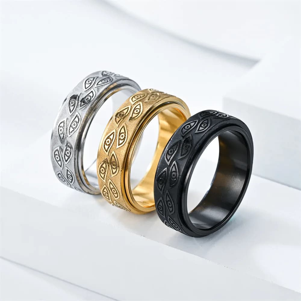 Bague anti-stress acier inoxydable spinner rotative œil démon anxiété pêche méditation homme bijou joint