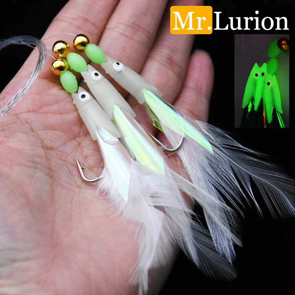 Hameçons plume Mrlurion 3 bras pour pêche en mer bar et maquereau avec montage sabiki