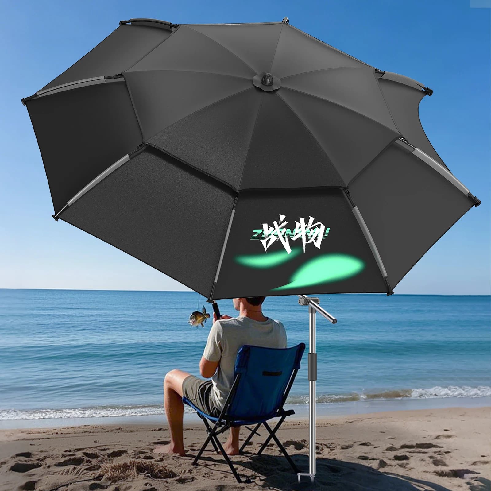 Parapluie de pêche pliable grand format UPF 50+ anti-vent portable réglable durable ombre soleil plage